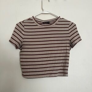SHEIN Brown and White Striped Short Sleeve Tee